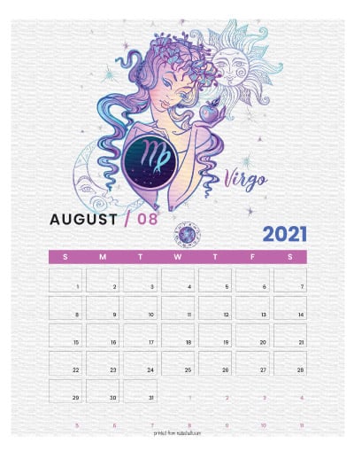 A printable monthly calendar page for August 2021 with a Virgo theme. The illustrations are pink, purple, and blue.