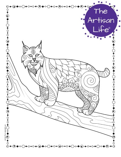 A preview of a bobcat coloring page for adults. The bobcat is standing on a tree branch has hand drawn doodles to color and the page is bordered by a doodle frame. A purple round logo reading "the artisan life®" is in the corner.