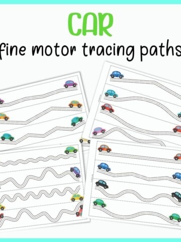 a top down view of four printable trace in the line pages. Each page has four paths for a preschool student to trace in. The paths look like roads and have a watercolor clipart car at each end.