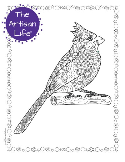 A preview of a cardinal coloring page for adults. The cardinal sits on a branch and has hand drawn doodles to color and the page is bordered by a doodle frame. A purple round logo reading "the artisan life®" is in the corner