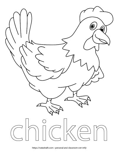 A child's coloring page with an image of a chicken and the word "chicken" in bubble letters to color