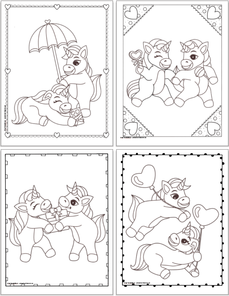 Four printable Valentines themed unicorn coloring pages including unicorns with a bar of chocolate an umbrella, unicorns running with lollipops, unicorns holding a present, and unicorns playing with balloons. 