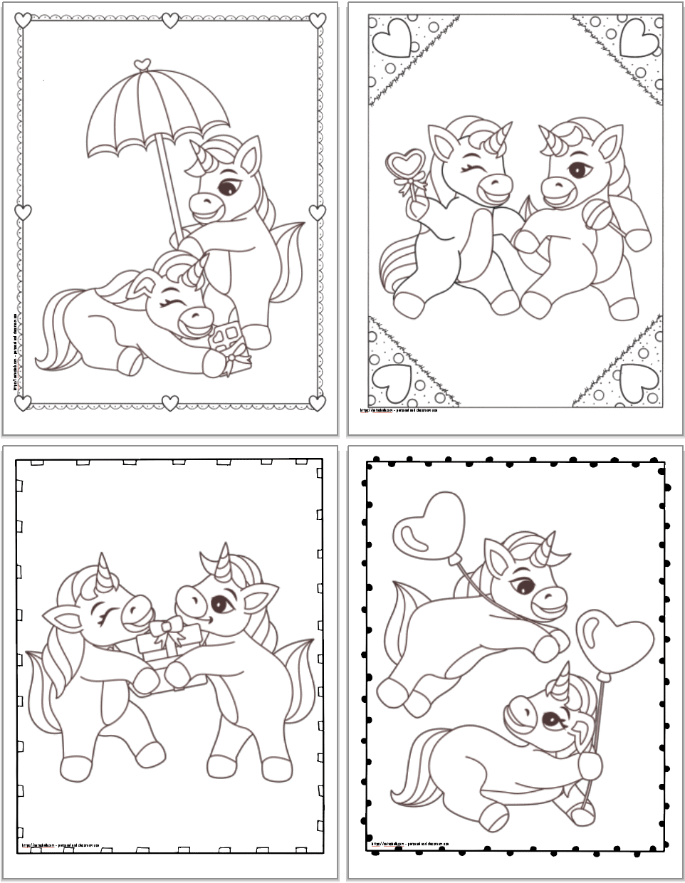 Four printable Valentines themed unicorn coloring pages including unicorns with a bar of chocolate an umbrella, unicorns running with lollipops, unicorns holding a present, and unicorns playing with balloons.