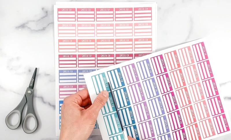 a pair of hands using scissors to cut a row of colorful planner stickers.