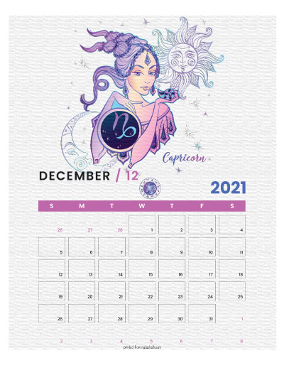 A printable monthly calendar page for December 2021 with a Capricorn theme. The illustrations are pink, purple, and blue.