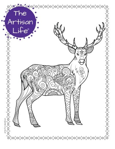 A preview of an antlered deer coloring page for adults. The deer has hand drawn doodles to color and the page is bordered by a doodle frame. A purple round logo reading "the artisan life®" is in the corner.