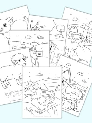 A flatlay preview of 7 printable farm animal themed coloring pages including ga rooster, a cow, a sheet, a donkey, a cat, a lamb, and a pig