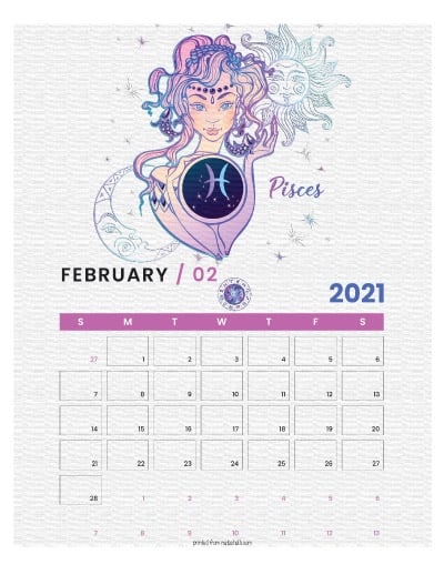 A printable monthly calendar page for February 2021 with a Pisces theme. The illustrations are pink, purple, and blue.