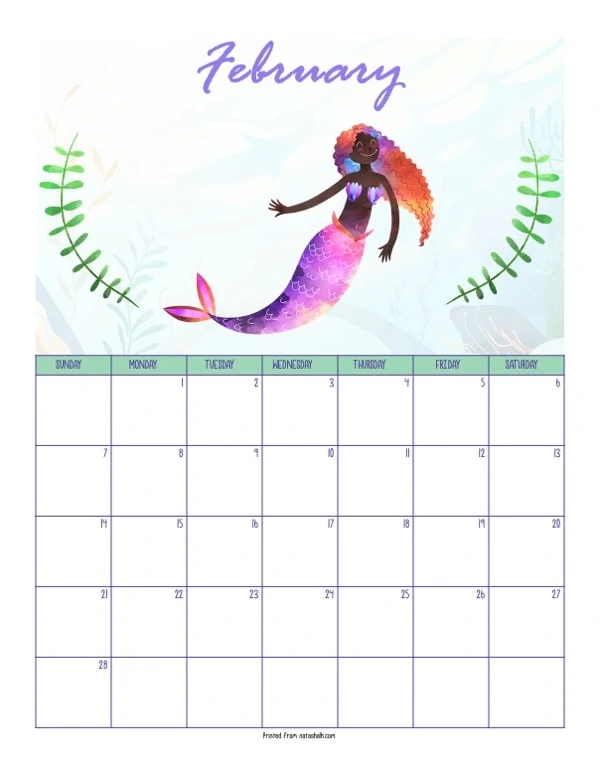 A printable February 2021 calendar with a mermaid theme. The page says "February" at the top in purple script. Below is a dark-skinned mermaid with a pink and purple tail. She is between two green pieces of sea grass. Below is a dated February 2021 calendar. 