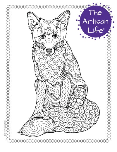 A preview of a sitting fox coloring page for adults. The fox has hand drawn doodles to color and the page is bordered by a doodle frame. A purple round logo reading "the artisan life®" is in the corner.