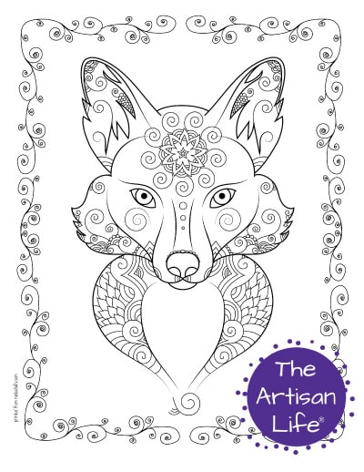 A preview of a fox's face coloring page for adults. The fox face has hand drawn doodles to color and the page is bordered by a doodle frame. A purple round logo reading "the artisan life®" is in the corner.