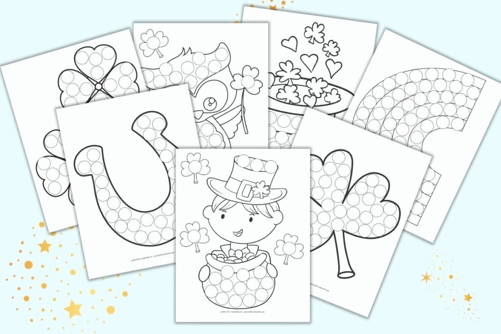 Six printable do a dot pages for preschoolers and toddlers with a St. Patrick's Day theme. Each page has a black and white image filled with white circles to color in with bingo markers. Images include a St. Pat's boy in a hat, shamrocks, a lucky horseshoe, a St. Patrick's Day own, a hat with shamrocks and hearts, and a rainbow.