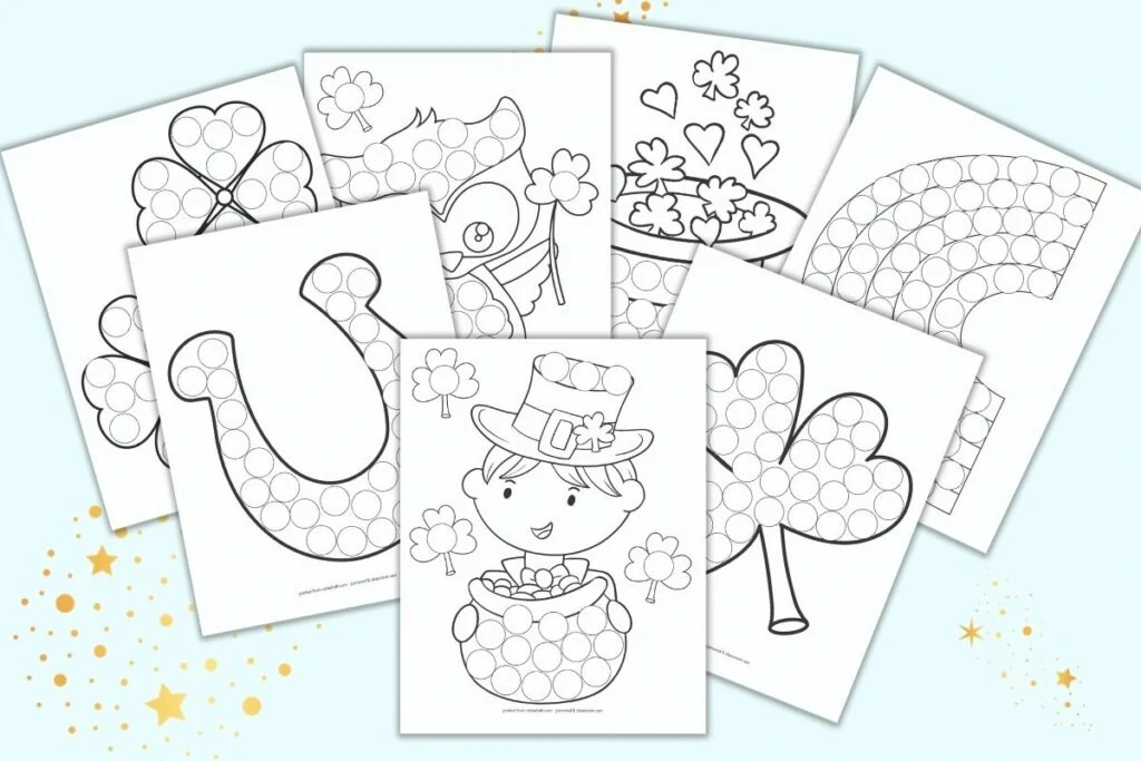 Six printable do a dot pages for preschoolers and toddlers with a St. Patrick's Day theme. Each page has a black and white image filled with white circles to color in with bingo markers. Images include a St. Pat's boy in a hat, shamrocks, a lucky horseshoe, a St. Patrick's Day own, a hat with shamrocks and hearts, and a rainbow.