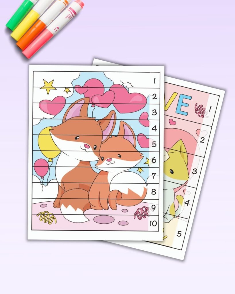 A preview of two printable number order puzzles for Valentine's Day. The front puzzle has two cute foxes and lines to cut the page into ten strips. Each strip has a number 1-10.