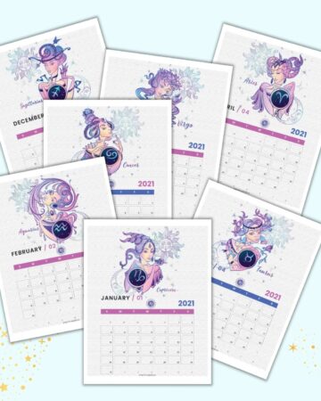 Seven printable monthly calendar pages with an astrology horoscope theme. The images are pink, blue, and purple.