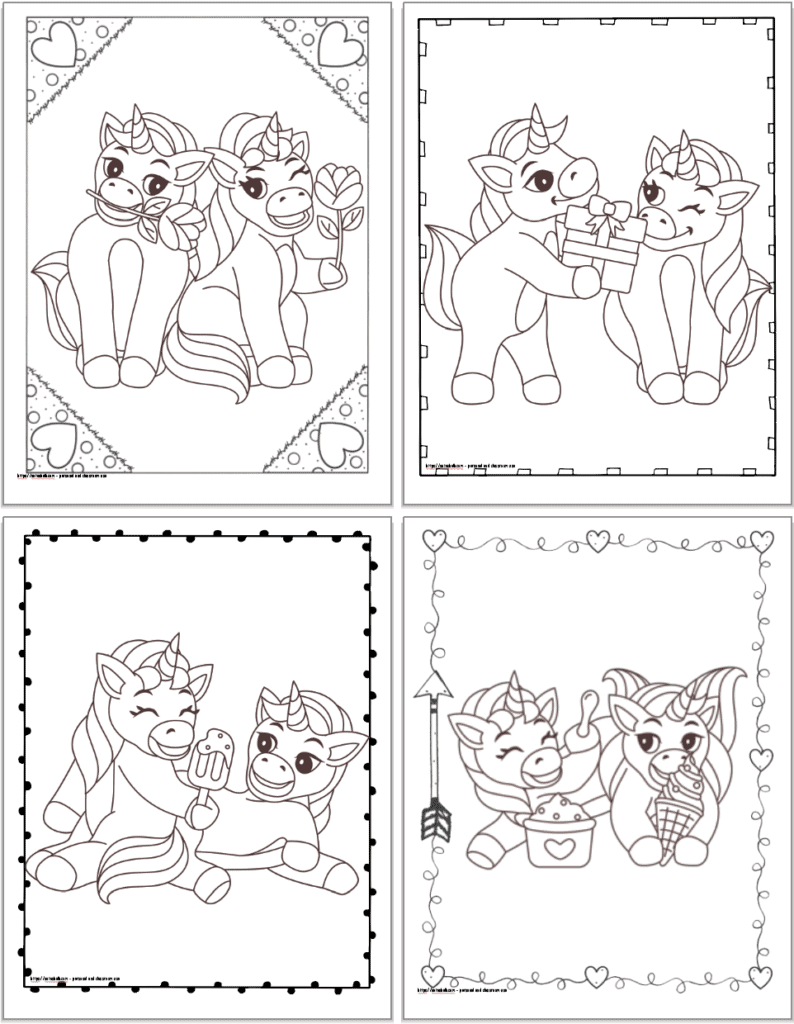 Four printable coloring pages. The images have: two unicorns, each with a rose; a unicorn giving a gift to another unicorn; a unicorn sharing a popsicle; and unicorns eating ice cream together.