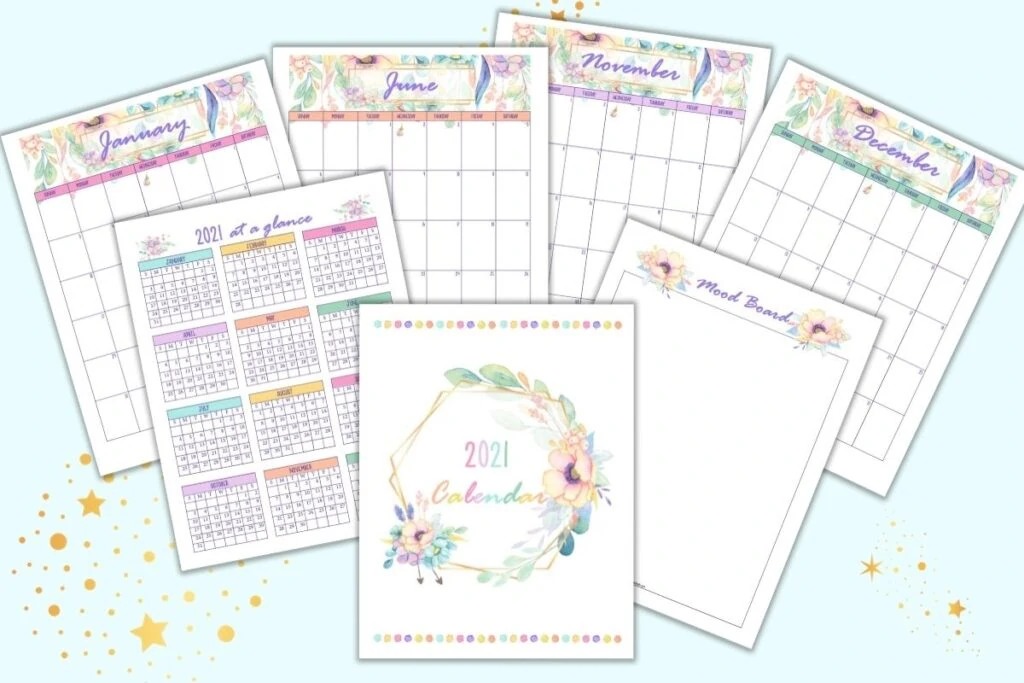 a preview of 7 floral themed 2021 calendar pages including a cover page, year at a glance, January, June, August, and notes and a mood board
