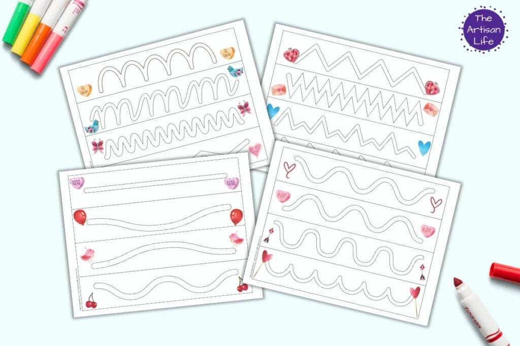 Four printable trace in the path worksheets for preschoolers. Each page has four paths to trace with a watercolor Valentine's Day illustration at each end of the path. The pages are on a light bleu background with colorful children's markers. 