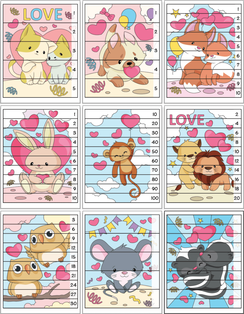 A 3x3 grid of 9 Valentine's Day number order puzzles. A preview of 7 printable Valentine's Day themed number building puzzles for preschoolers, pre-k, and kindergarten. Each page has a Valentine's day image and lines to cut the page into strips. Three pages have 5 sections and the others have 10. Sections are numbered 1-5, 1-10, counting by 10's, counting by 2's, and counting by 3's.