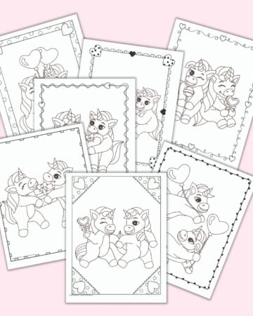 Seven printable Valentine's Day unicorn coloring pages with doodle borders on a pink background. Each page has two unicorns. They are doing things like holding heart balloons, eating ice cream, exchanging gifts, and running while holding "hands."