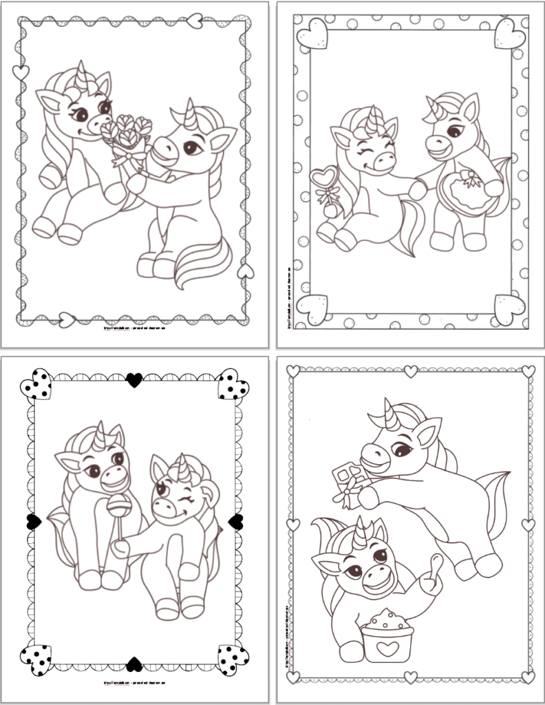 Four unicorn coloring pages with doodle frames. Images include: a unicorn gifting a bouquet of roses, unicorns holding "hands", unicorns sharing a lollipop, and one unicorn eating ice cream while another has a chocolate bar. 