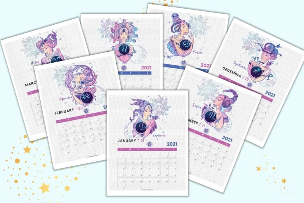 Seven printable monthly calendar pages with an astrology horoscope theme. The images are pink, blue, and purple. 