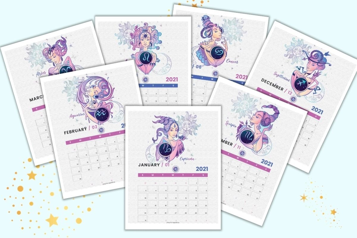 Seven printable monthly calendar pages with an astrology horoscope theme. The images are pink, blue, and purple.
