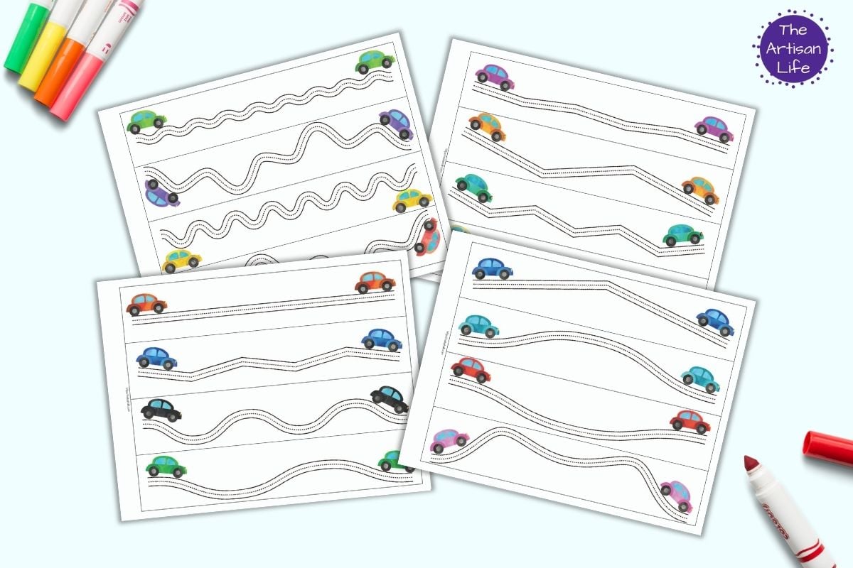 Four free printable car fine motor tracing pages shown on a light blue background with colorful children's markers. Each page has four road-like paths to trace for fine motor practice. Each path has two colorful watercolor cars - one at the left side of the road and one on the right.