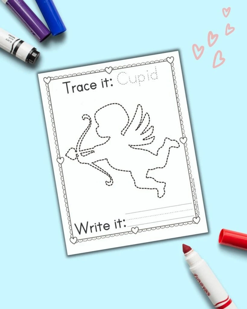 A printable Valentine's Day tracing page with cupid to trace. Above is the word "cupid" to trace and below "write it" next to a line to independently write. The page is on a blue background with a bright red child's marker.