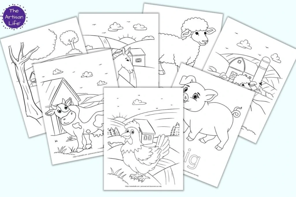 Seven printable farm animal coloring pages on a light blue background. Pages include a rooster at daw, a pig, a cow by a barn, a sheep by itself, a sheep by a barn, a donkey, and a cat sitting under a tree.