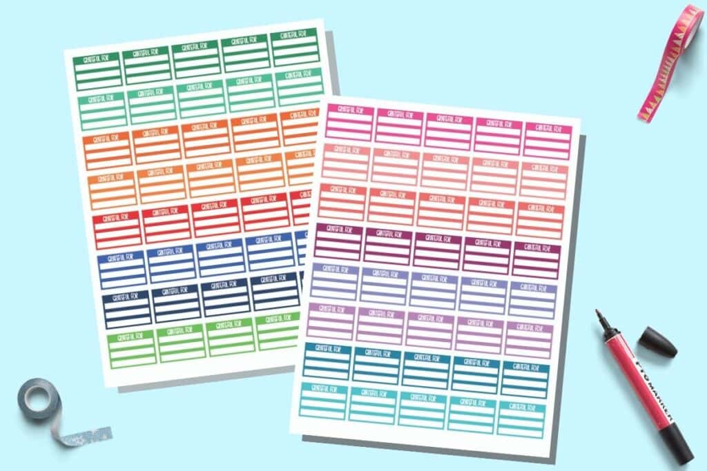 A preview of two pages of printable gratitude stickers for the Happy Planner. The stickers are in a 5x8 grid with each row its own color. Each box has three smaller white boxes for writing in and is sized to fill a half box in a Happy Planner Classic