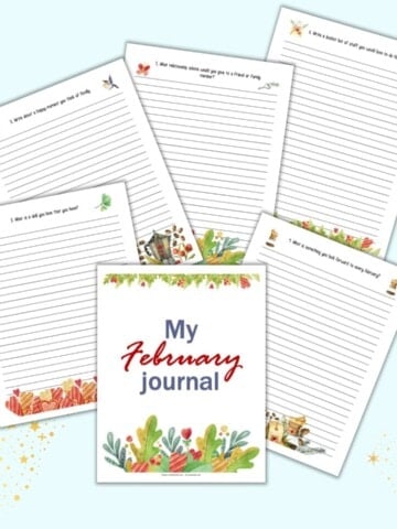 a preview of free printable February journal pages featuring watercolor clipart