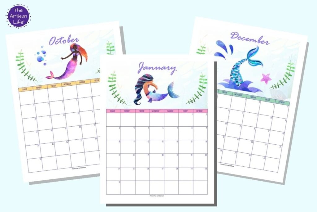 Three pages of printable mermaid calendar for 2021. The months shown are January, October, and December. Each page has a watercolor mermaid and watercolor sea grass. The pages are on a light blue background. 