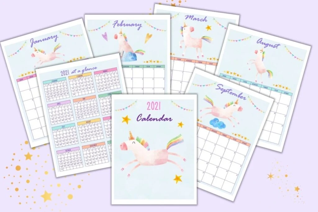 Printable unicorn calendar pages for 2021 on a purple surface. Each page has a vertical layout and a dated calendar page with a digital watercolor unicorn.