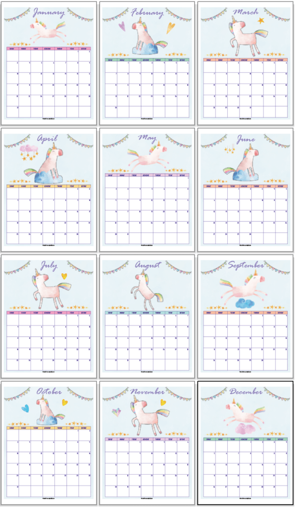 A 3x4 grid of printable unicorn calendar pages with a vertical layout. The pages are dated for 2021.