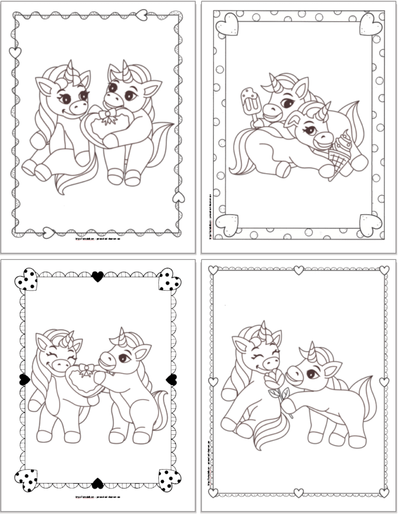 Four coloring pages showing  unicorns exchanging a box of chocolates, unicorns eating ice cream, a unicorn gifting a heart box of chocolates, and one unicorn giving a rose to another. 
