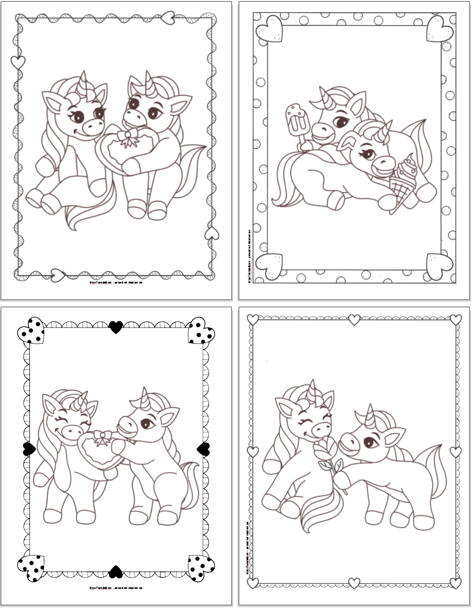 Four coloring pages showing unicorns exchanging a box of chocolates, unicorns eating ice cream, a unicorn gifting a heart box of chocolates, and one unicorn giving a rose to another.