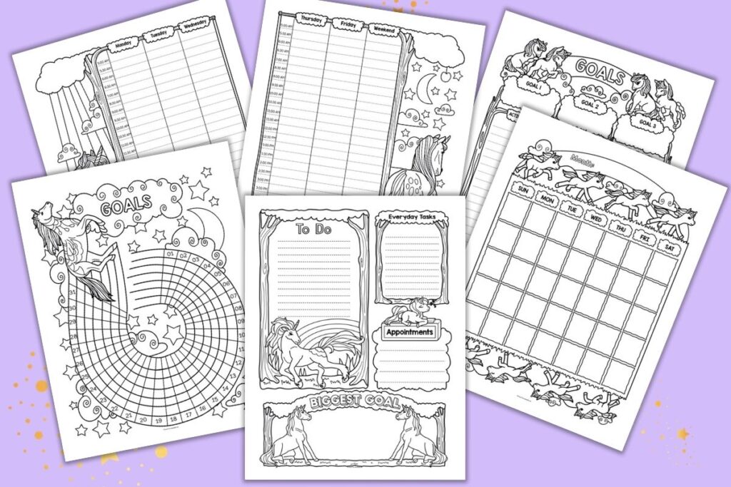 Six printable unicorn planner pages on a purple background. Each page is in black and white with unicorns to color. Pages include a daily to do list planner page, a goals/habit tracker page, monthly calendar, two page weekly spread, and a goals tracker.