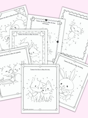 a flatlay mockup of 7 printable Valentine's Day themed dot to dot pages for children. Each page has an animal to draw and color and each page has a doodle heart frame.