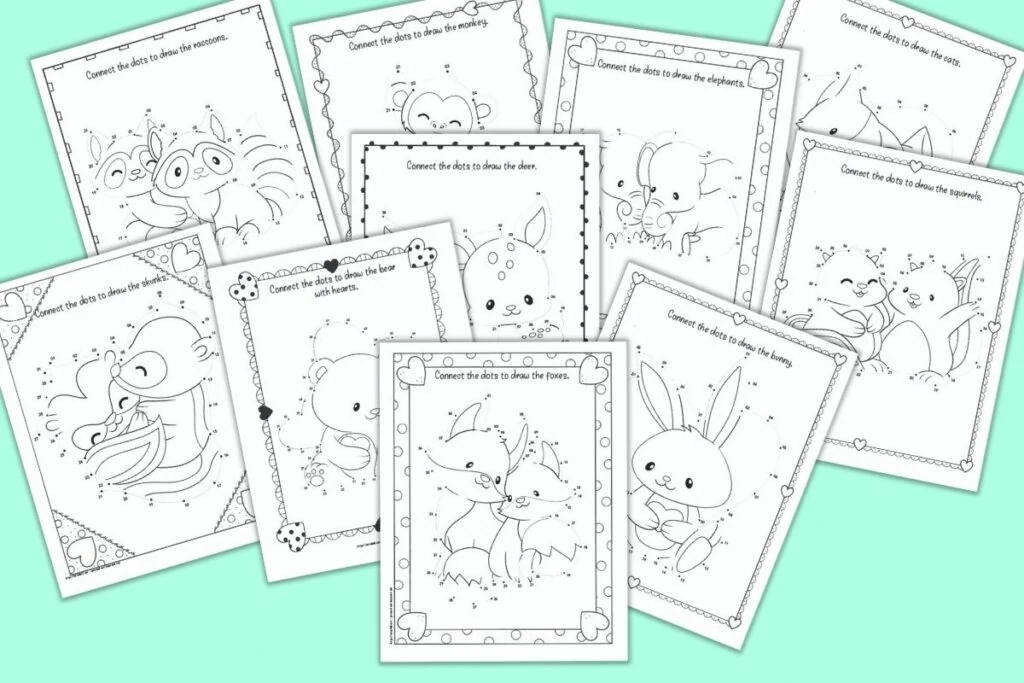A flatlay mockup preview of 10 printable Valentine's Day dot to dot pages for children including foxes, a bunny, squirrels, elephants, deer, a bear, cute skunks, raccoons, a donkey, and cat.