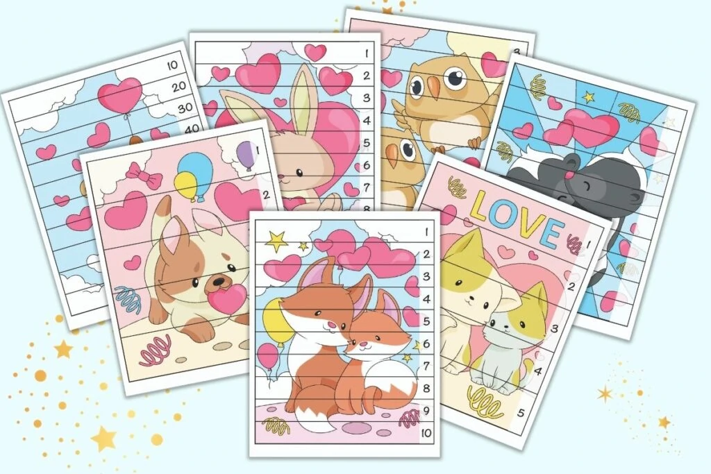 A preview of 7 printable Valentine's Day themed number building puzzles for preschoolers, pre-k, and kindergarten. Each page has a Valentine's day image and lines to cut the page into strips. Two pages have 5 sections and the others have 10. Sections are numbered 1-5, 1-10, counting by 10's, and counting by 3's.