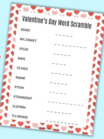 a free printable Valentine's Day word scramble with a red and pink heart border on a blue background.