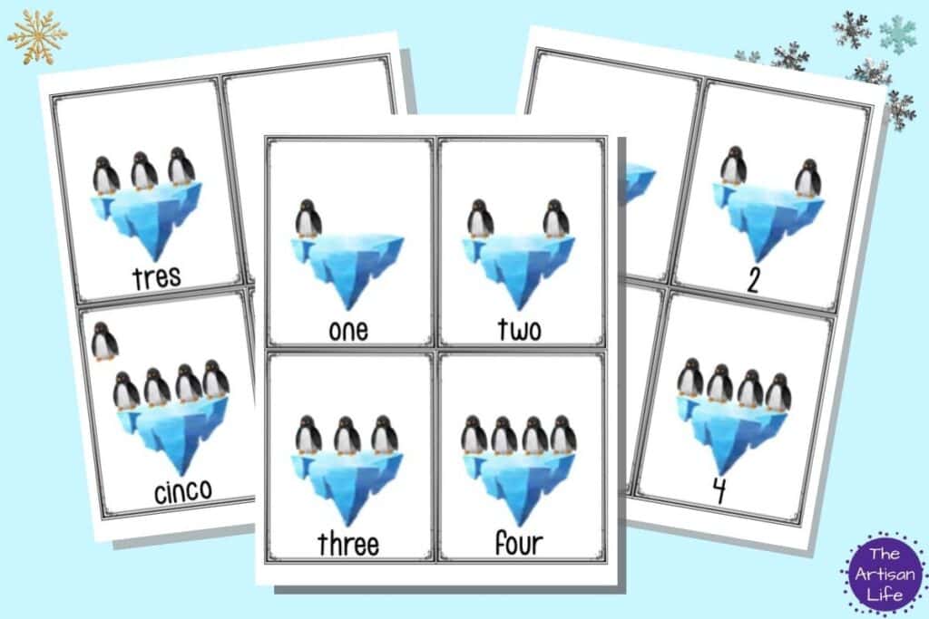 a preview of three pages of printable counting cards. Each page has four cards to cut out with icebergs and penguins.