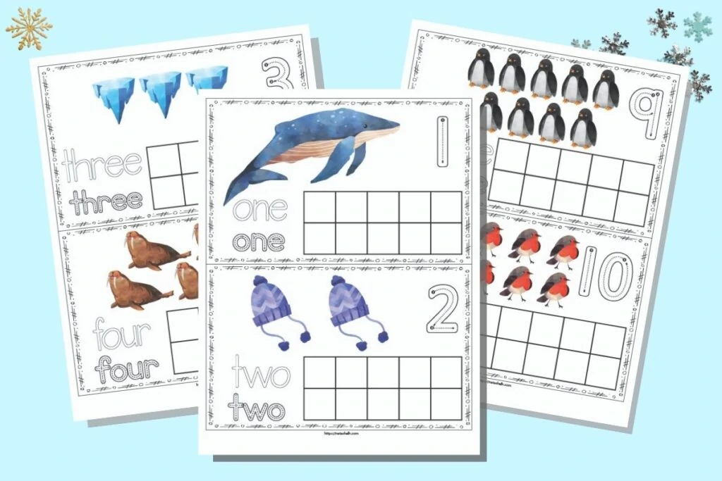 A flatlay mockup of three pages of printable winter ten frames. The front page has one and two on two separate cards with a ten frame to fill in. Behind and to the right are three and four on the same page. On the right are nine and 10. The pages are on a light blue background. 