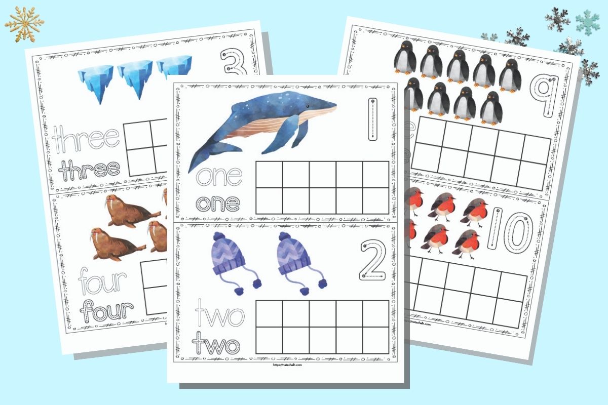 A flatlay mockup of three pages of printable winter ten frames. The front page has one and two on two separate cards with a ten frame to fill in. Behind and to the right are three and four on the same page. On the right are nine and 10. The pages are on a light blue background.