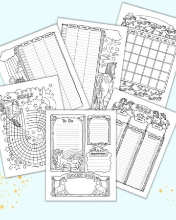 six printable unicorn planner pages. Each page is in black and white with unicorns to color. Pages include goal planners and trackers, a habit tracker, daily, weekly, and monthly pages