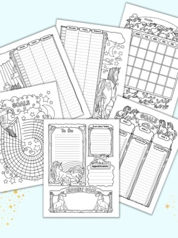 six printable unicorn planner pages. Each page is in black and white with unicorns to color. Pages include goal planners and trackers, a habit tracker, daily, weekly, and monthly pages