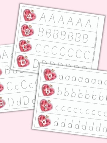 three printable alphabet tracing strips with a Valentine's theme. One page has a, b, c, and d. Another page has uppercase A, B, C, and D. The final page has upper and lowercase