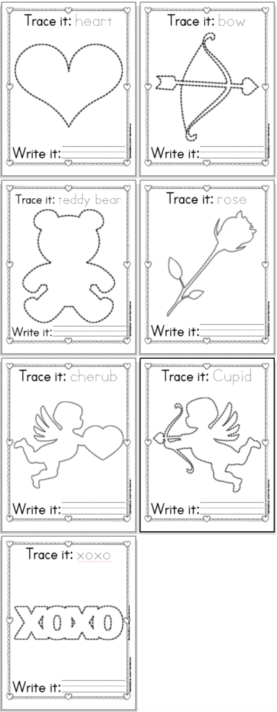 7 printable trace and color Valentine's Day printables for preschoolers. Each page has a Valentine's day themed image to trace along with its name to trace and a line to rewrite the name. Images include: a heart, a bow, a teddy bear, a rose, a cherub, Cupid, and xoxo