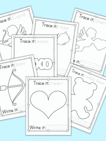 A flatlay preview of 7 printable Valentine's Day trace and color fine motor practice worksheets for preschool and kindergarten. The pages each have a Valentine's image to trace, a place to trace the item's name, and a blank line to rewrite the name. The pages are on a light blue background. Images featured include a heart, teddy bear, bow and arrow, xoxo, a rose, a cherub, and a cupid